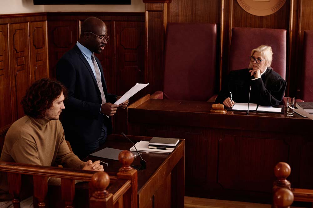 Courtroom with lawyers and a judge